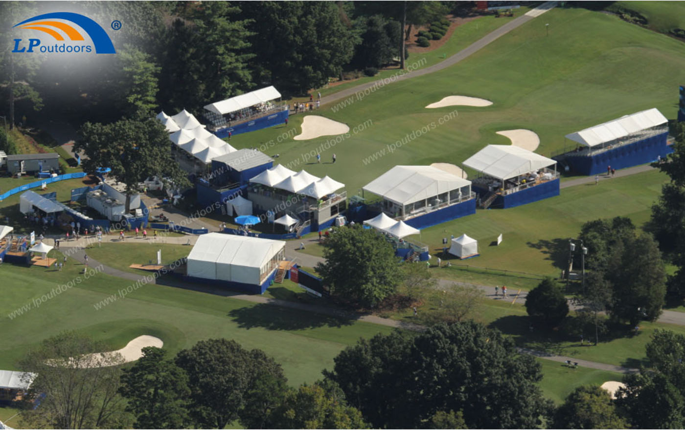 Clear span marquee tent for outdoor golf sports event